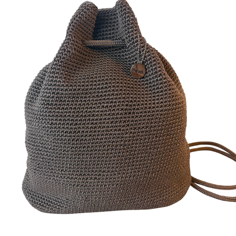 The Sak Taupe Brown Crochet Drawstring Backpack Boho Silver Tone
